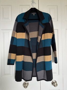 Kasper Teal, Black & Beige Striped Open Cardigan